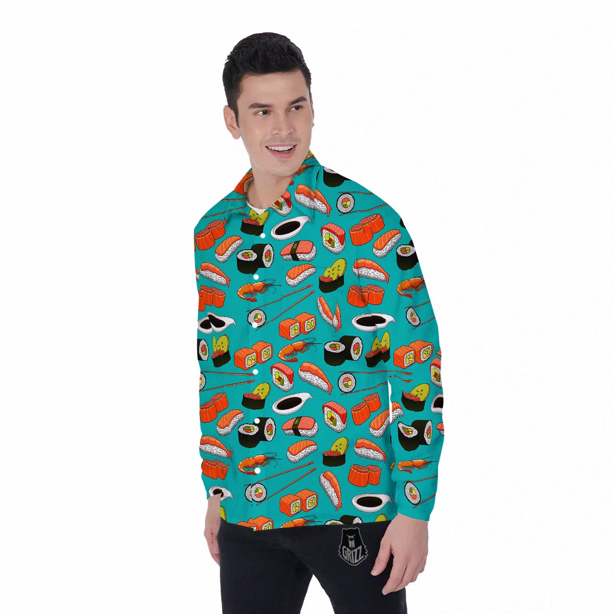 Rolls And Salmon Sushi Print Pattern Men's Long Sleeve Shirts-grizzshop