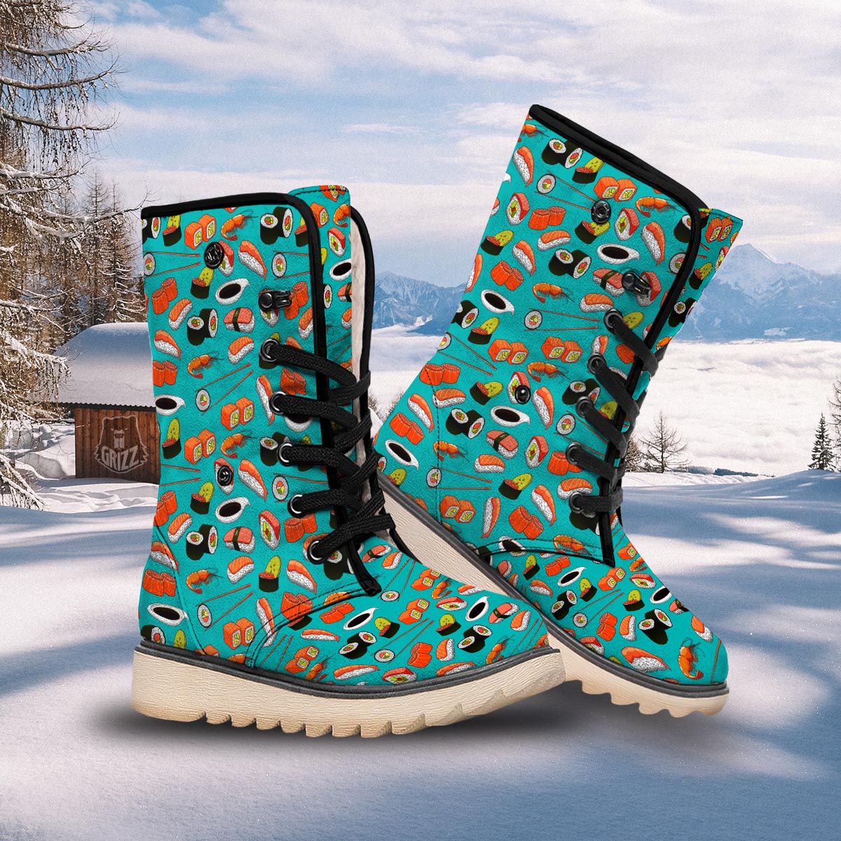 Rolls And Salmon Sushi Print Pattern Snow Boots-grizzshop