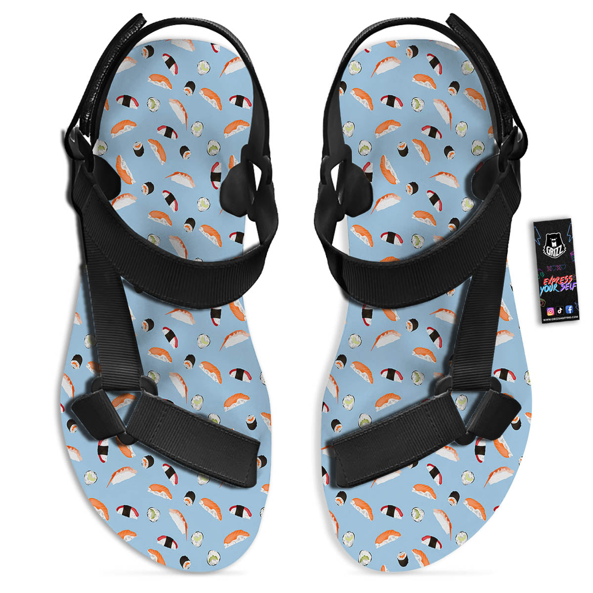 Rolls And Sushi Colorful Print Pattern Black Open Toe Sandals-grizzshop