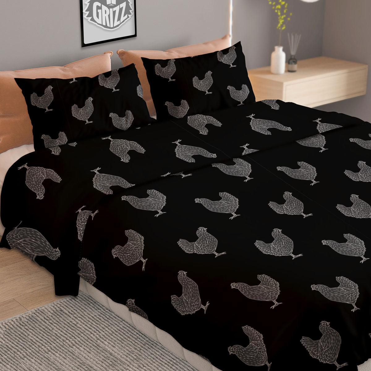 Rooster Black And White Print Pattern Duvet Cover Bedding Set