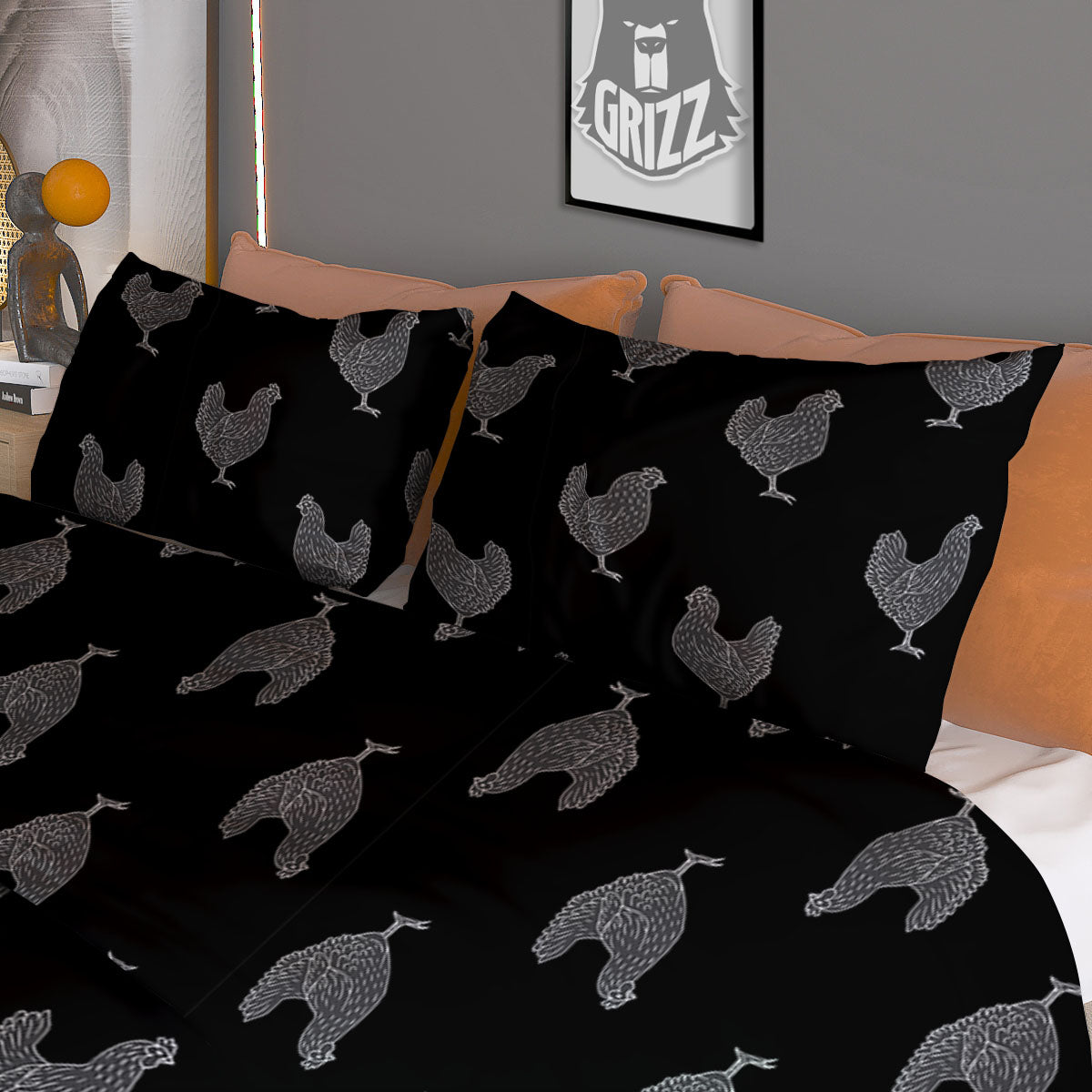 Rooster Black And White Print Pattern Duvet Cover Bedding Set