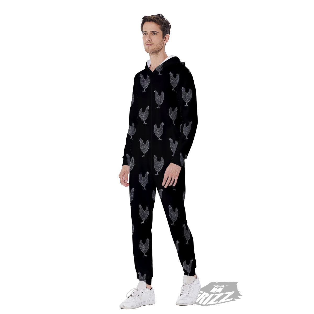 Rooster Black And White Print Pattern Men's Jumpsuit-grizzshop