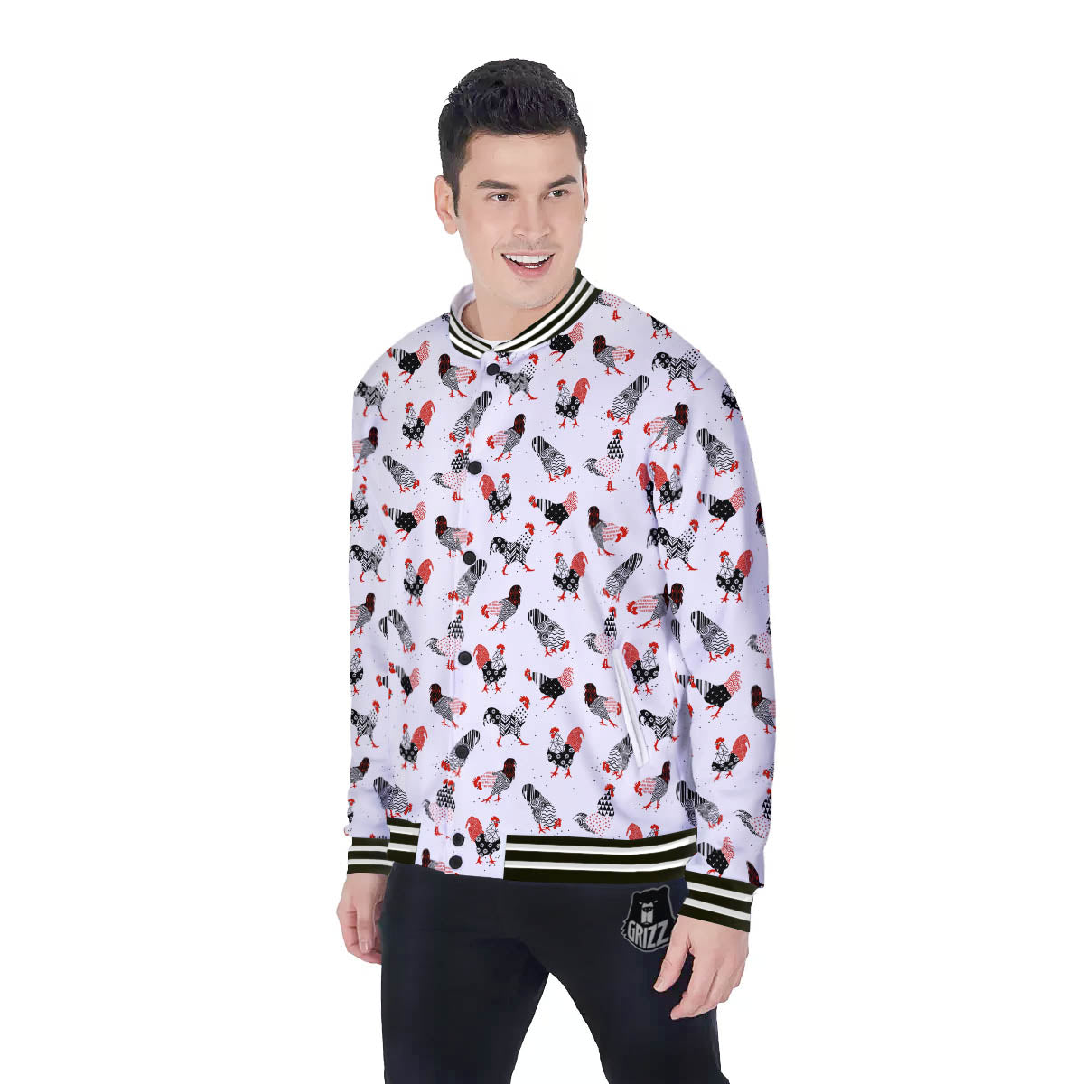 Rooster Chinese Print Pattern Baseball Jacket-grizzshop
