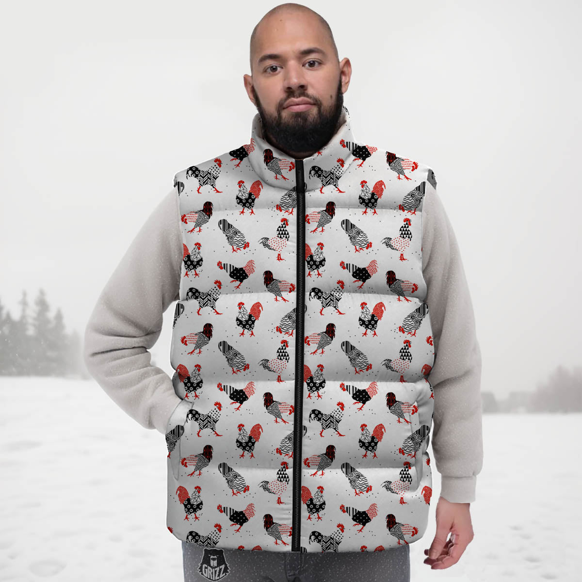 Rooster Chinese Print Pattern Down Vest-grizzshop