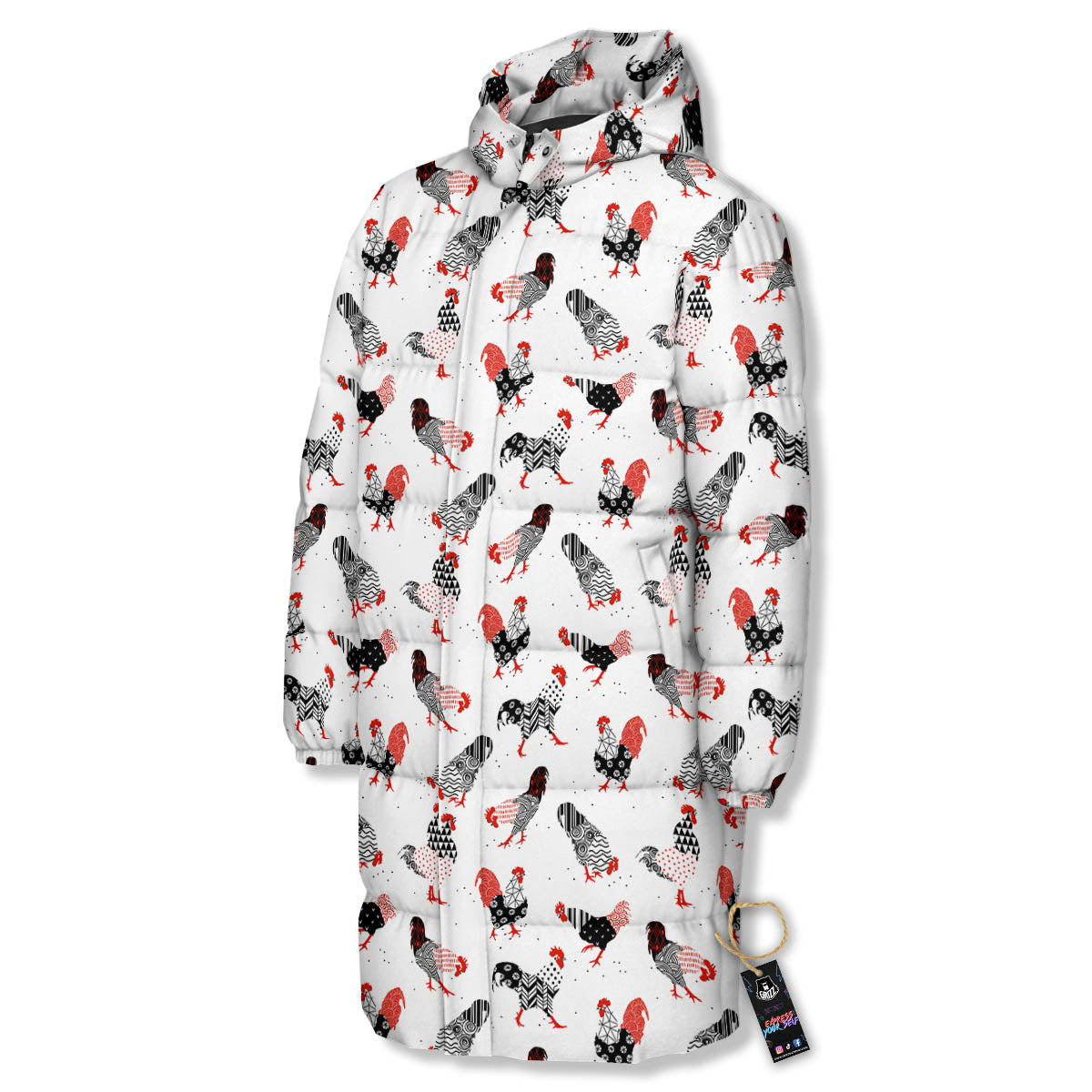 Rooster Chinese Print Pattern Long Down Jacket-grizzshop