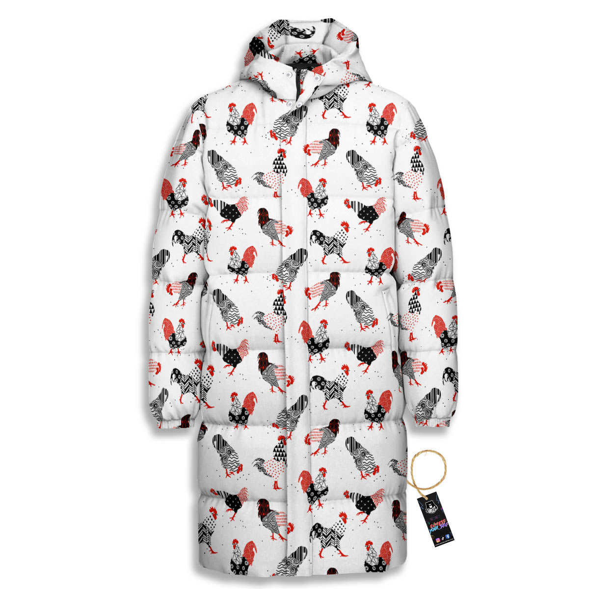 Rooster Chinese Print Pattern Long Down Jacket-grizzshop