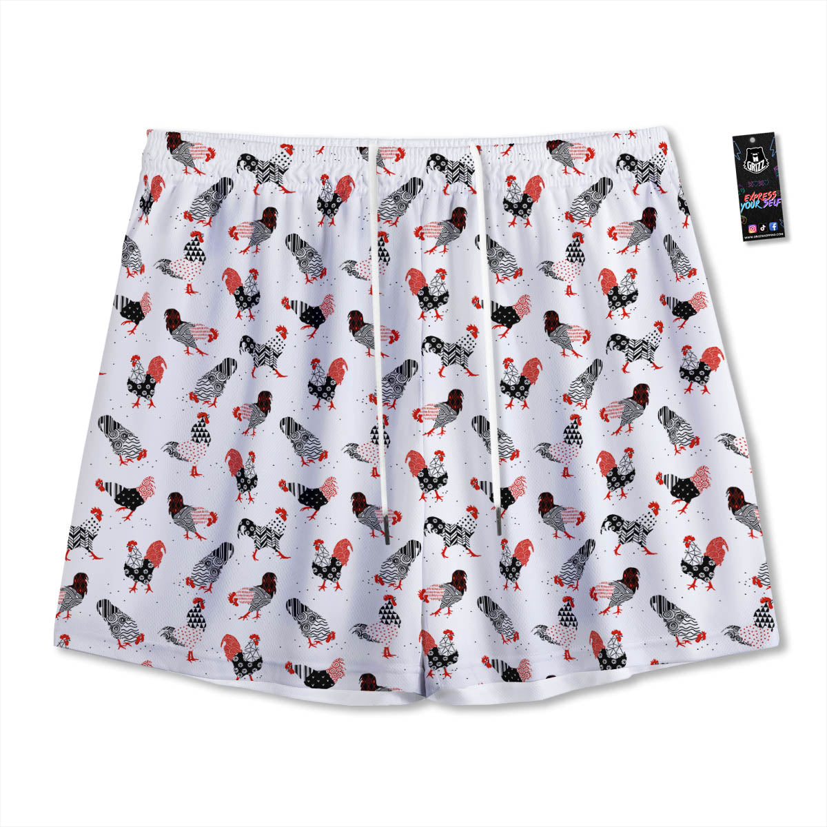 Rooster Chinese Print Pattern Mesh Shorts-grizzshop