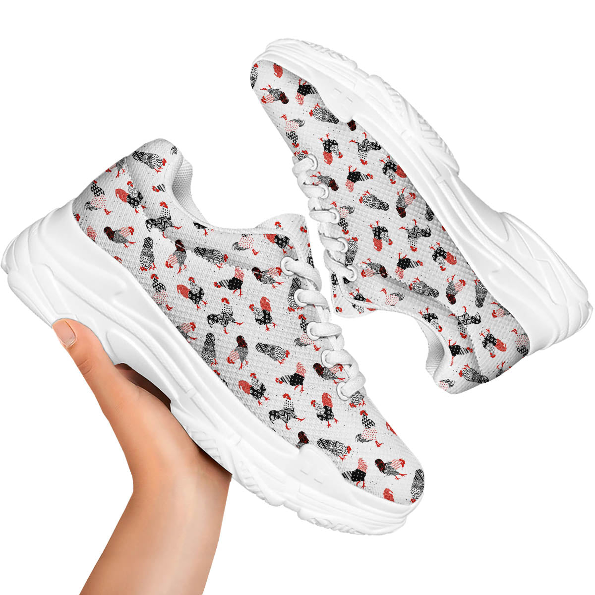 Rooster Chinese Print Pattern White Chunky Shoes-grizzshop