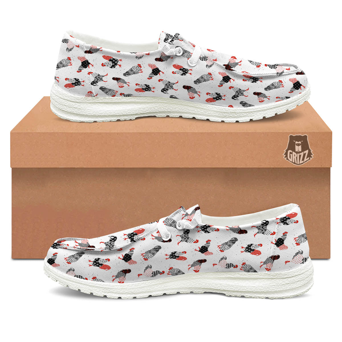 Rooster Chinese Print Pattern White Loafers-grizzshop