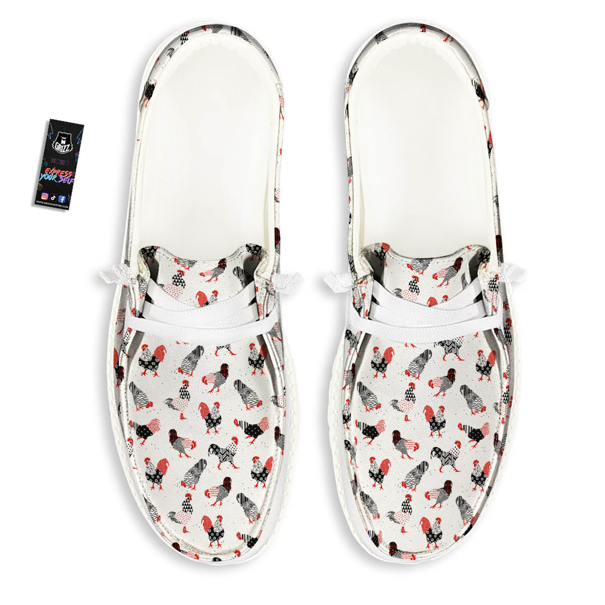 Rooster Chinese Print Pattern White Loafers-grizzshop