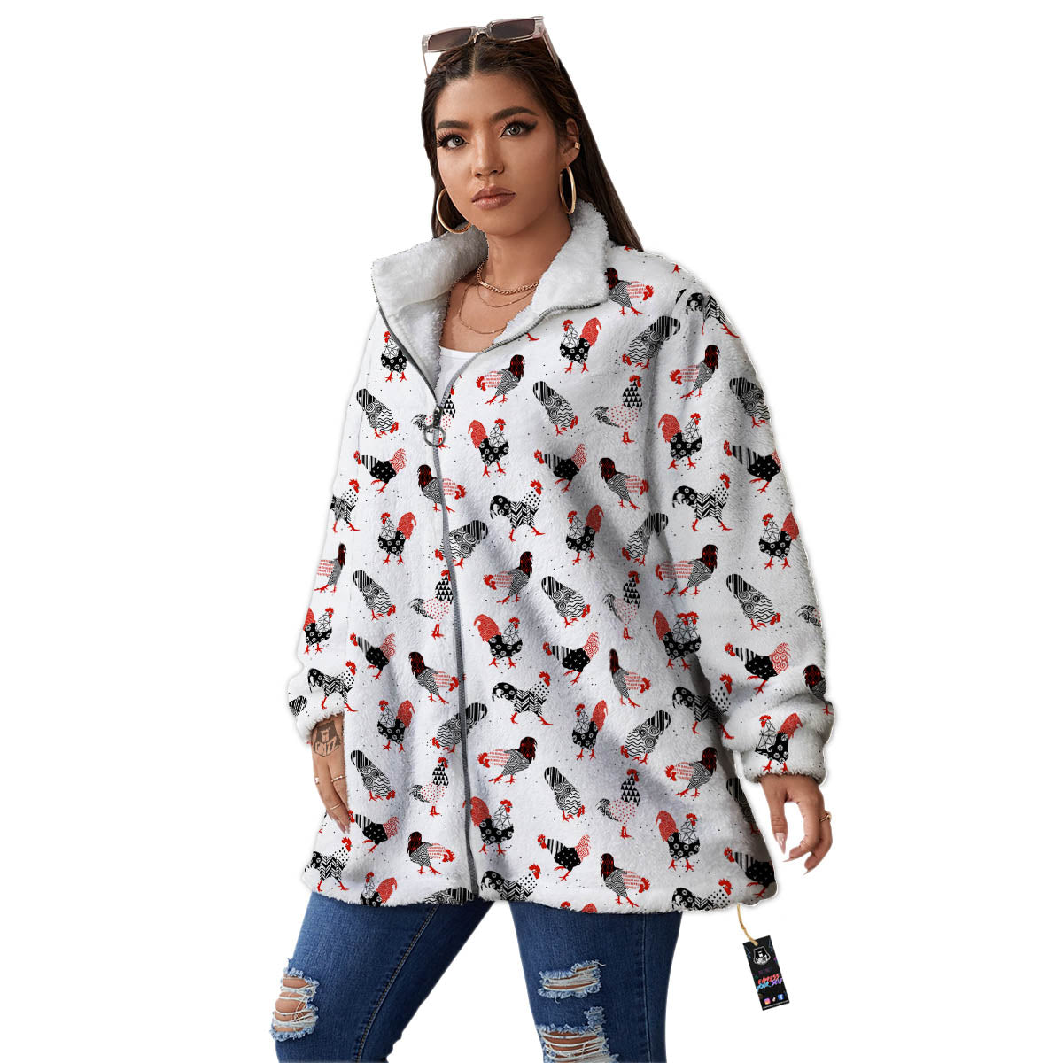 Rooster Chinese Print Pattern Women's Sherpa Jacket-grizzshop