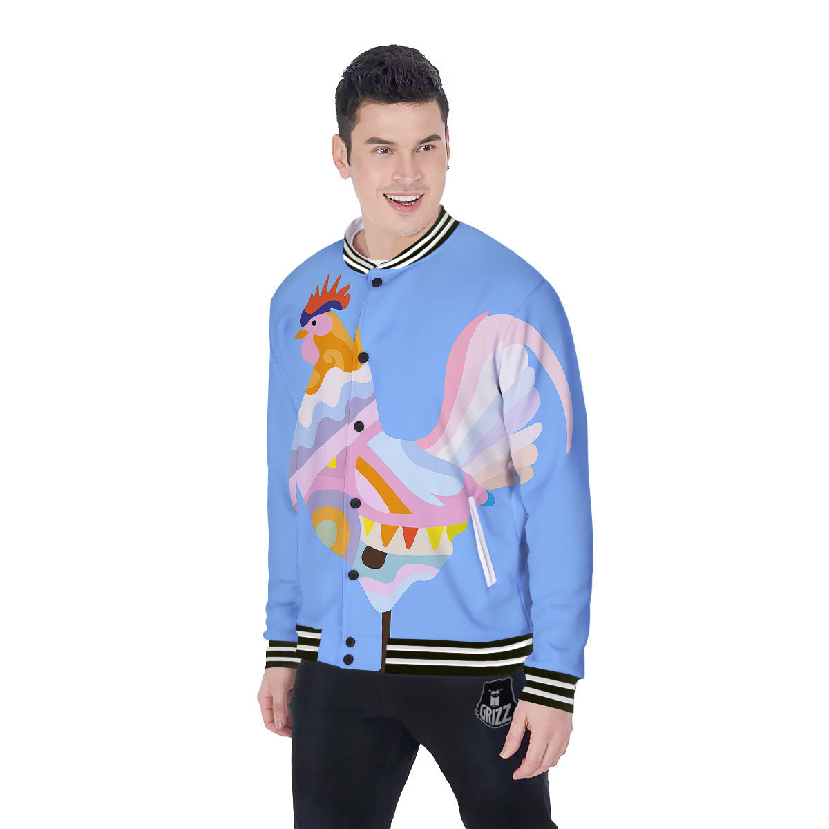 Rooster Colorful Print Baseball Jacket-grizzshop