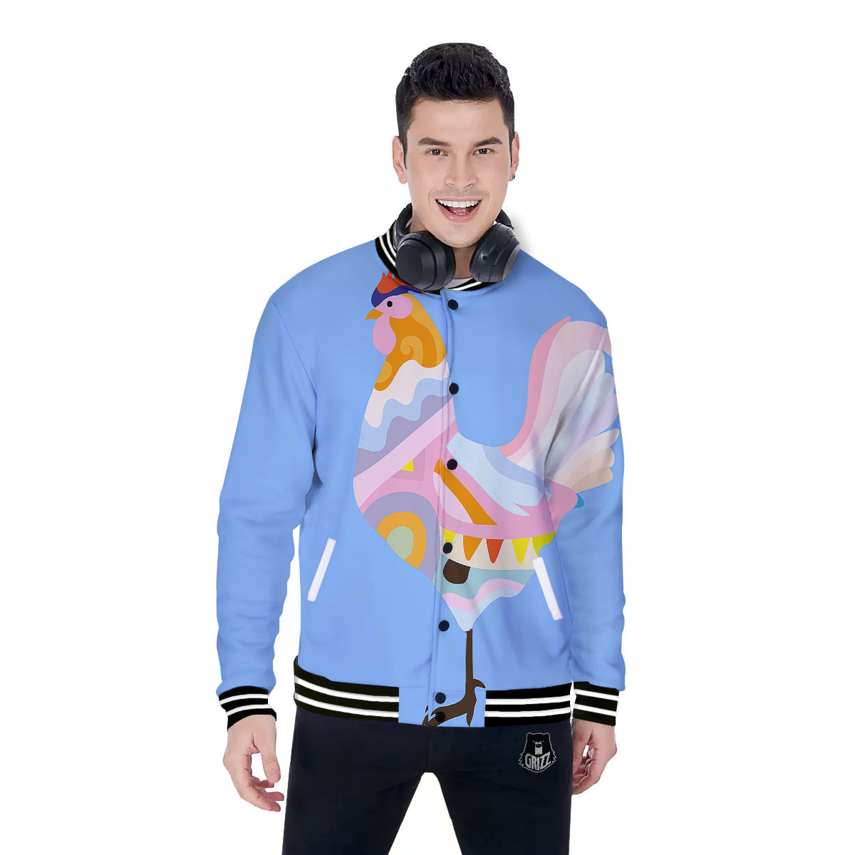 Rooster Colorful Print Baseball Jacket-grizzshop
