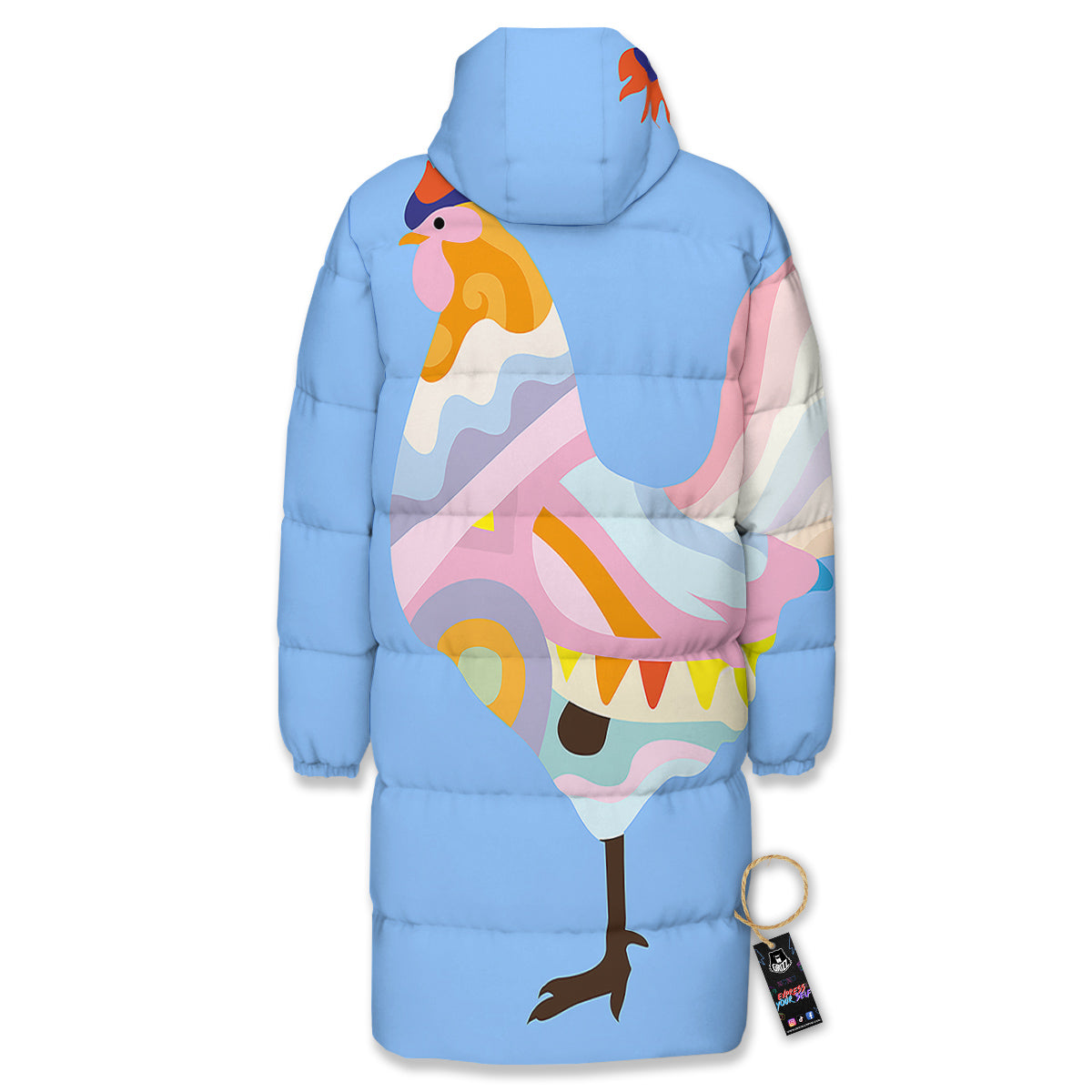 Rooster Colorful Print Long Down Jacket-grizzshop