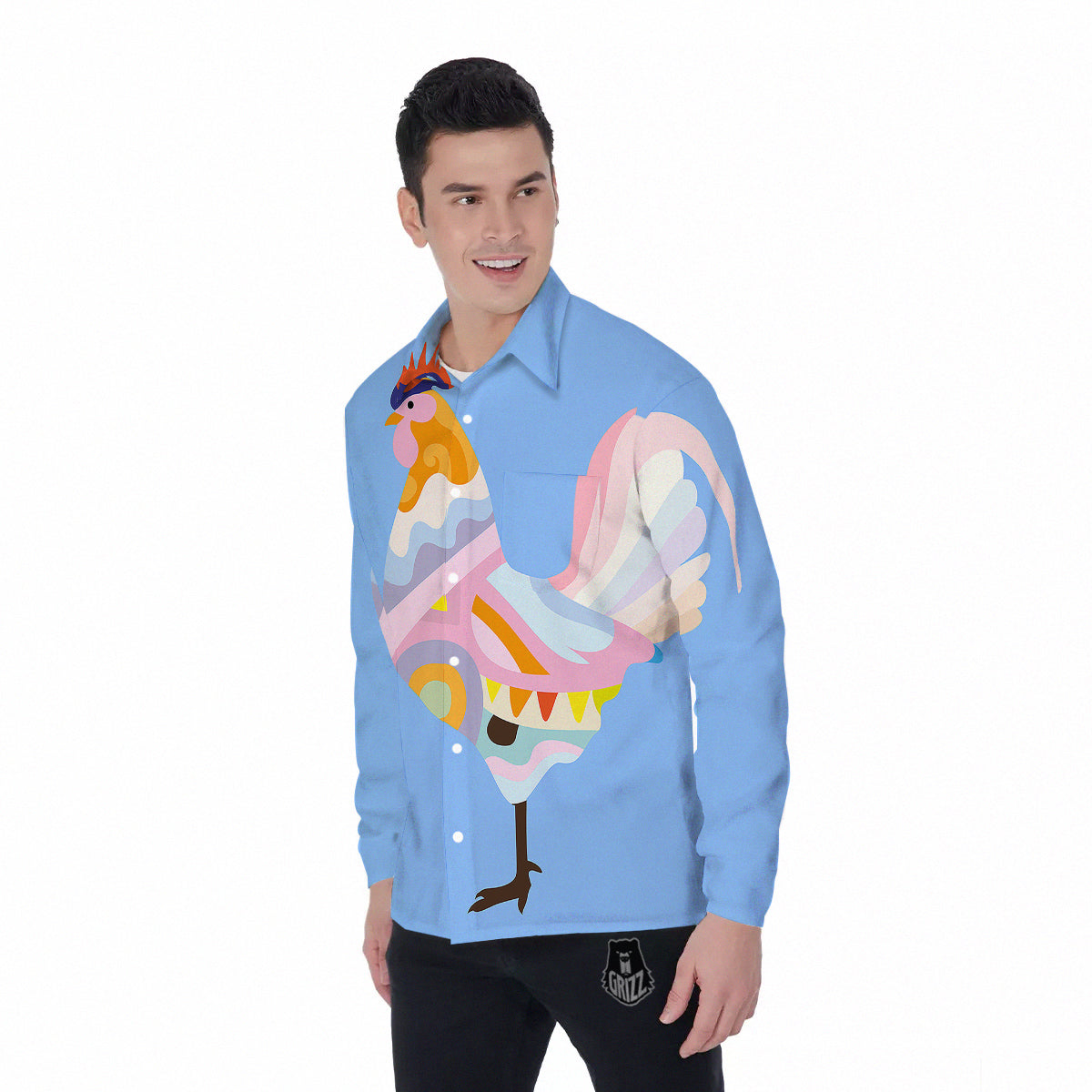 Rooster Colorful Print Men's Long Sleeve Shirts-grizzshop