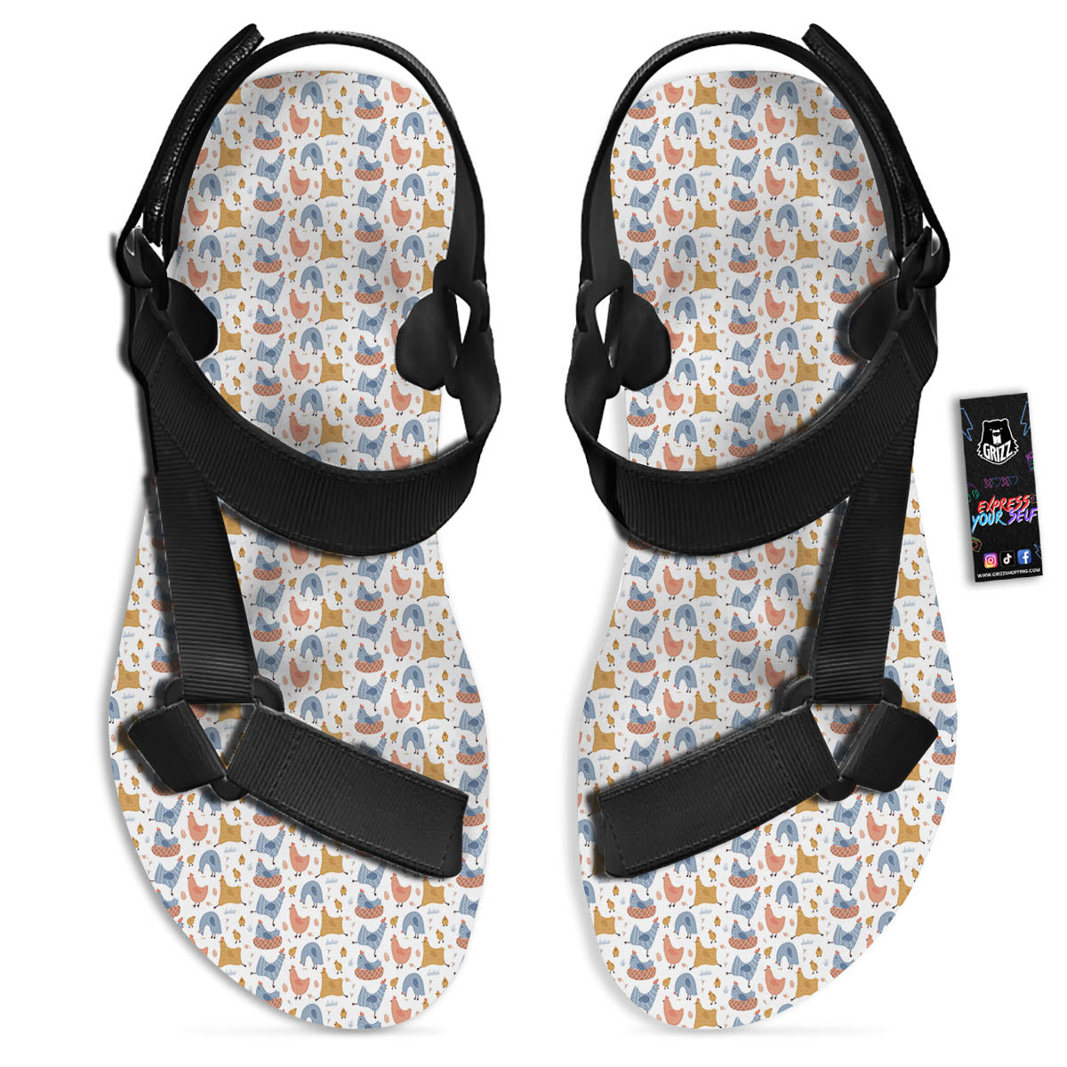 Rooster Colorful Print Pattern Black Open Toe Sandals-grizzshop