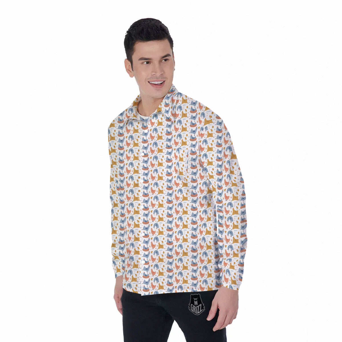 Rooster Colorful Print Pattern Men's Long Sleeve Shirts-grizzshop