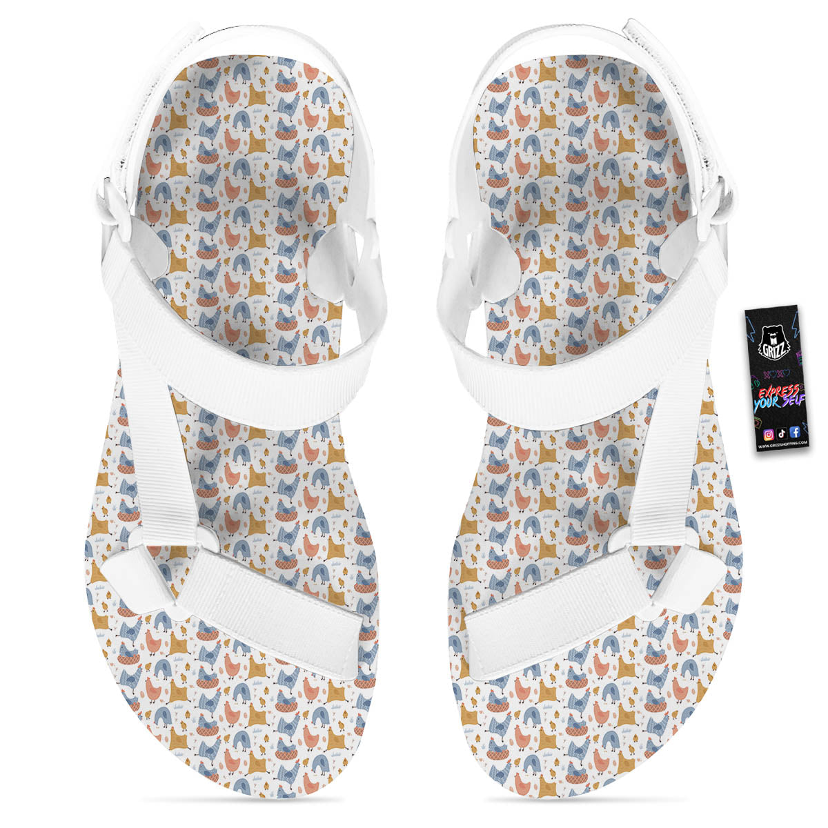 Rooster Colorful Print Pattern White Open Toe Sandals-grizzshop