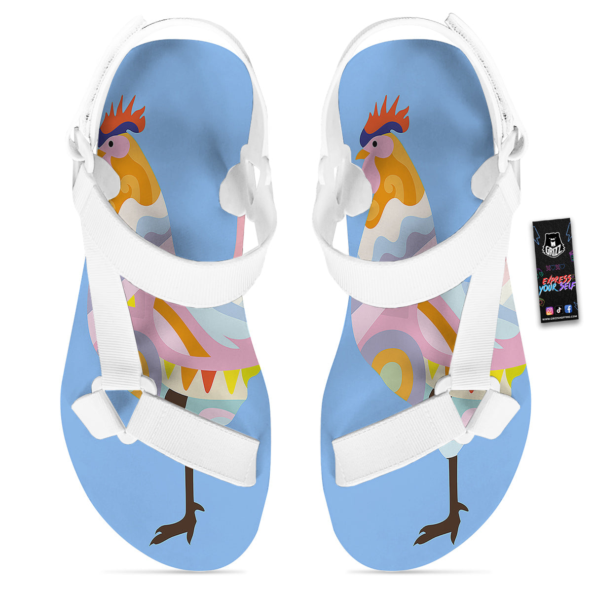 Rooster Colorful Print White Open Toe Sandals-grizzshop