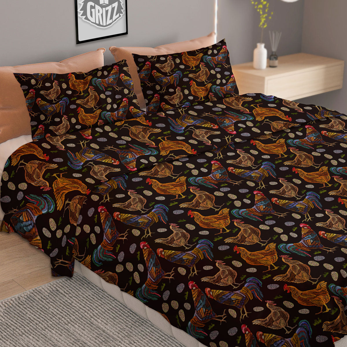 Rooster Embroidery Print Pattern Duvet Cover Bedding Set