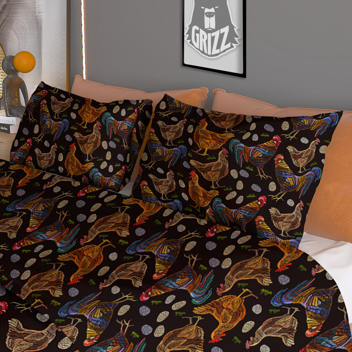 Rooster Embroidery Print Pattern Duvet Cover Bedding Set