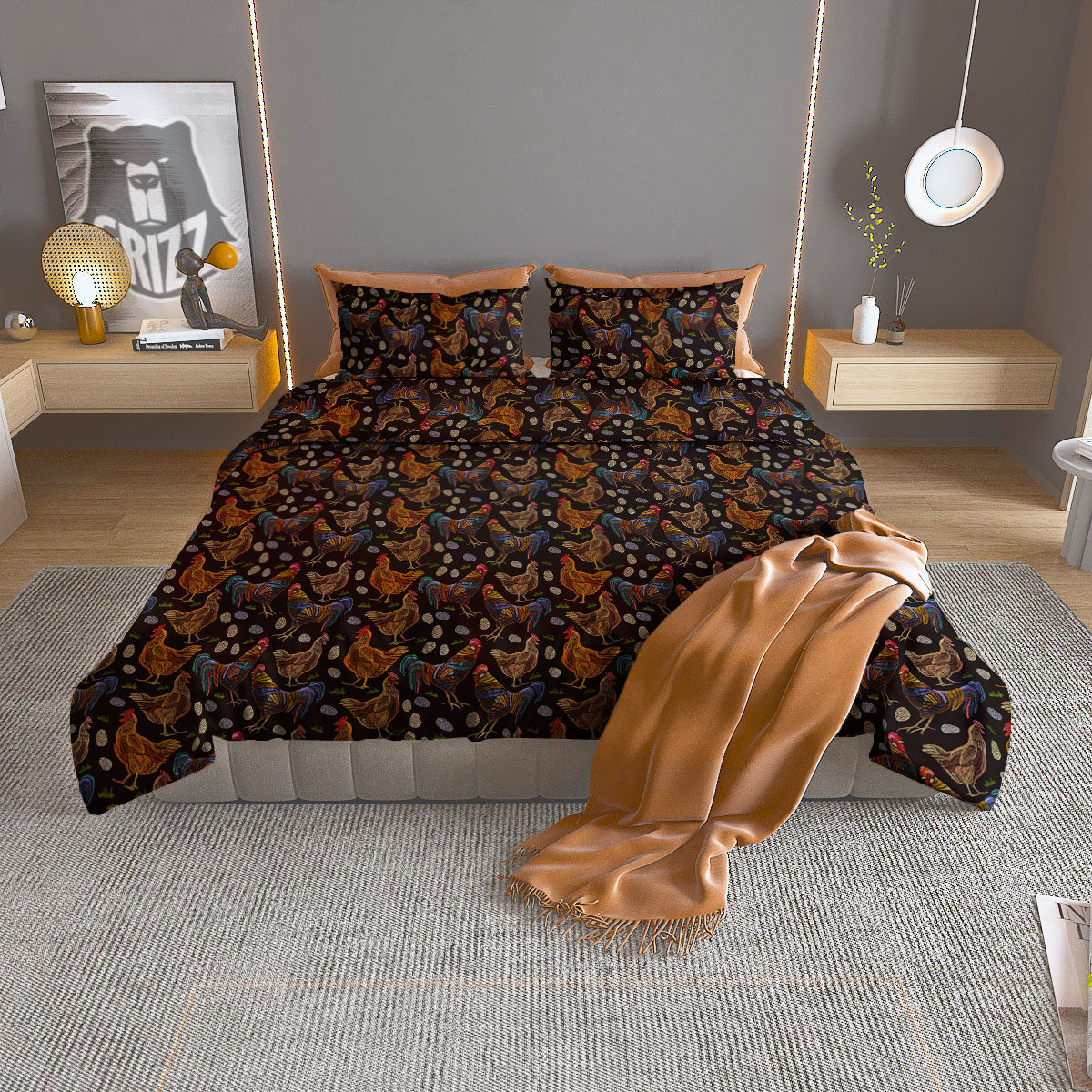 Rooster Embroidery Print Pattern Duvet Cover Bedding Set