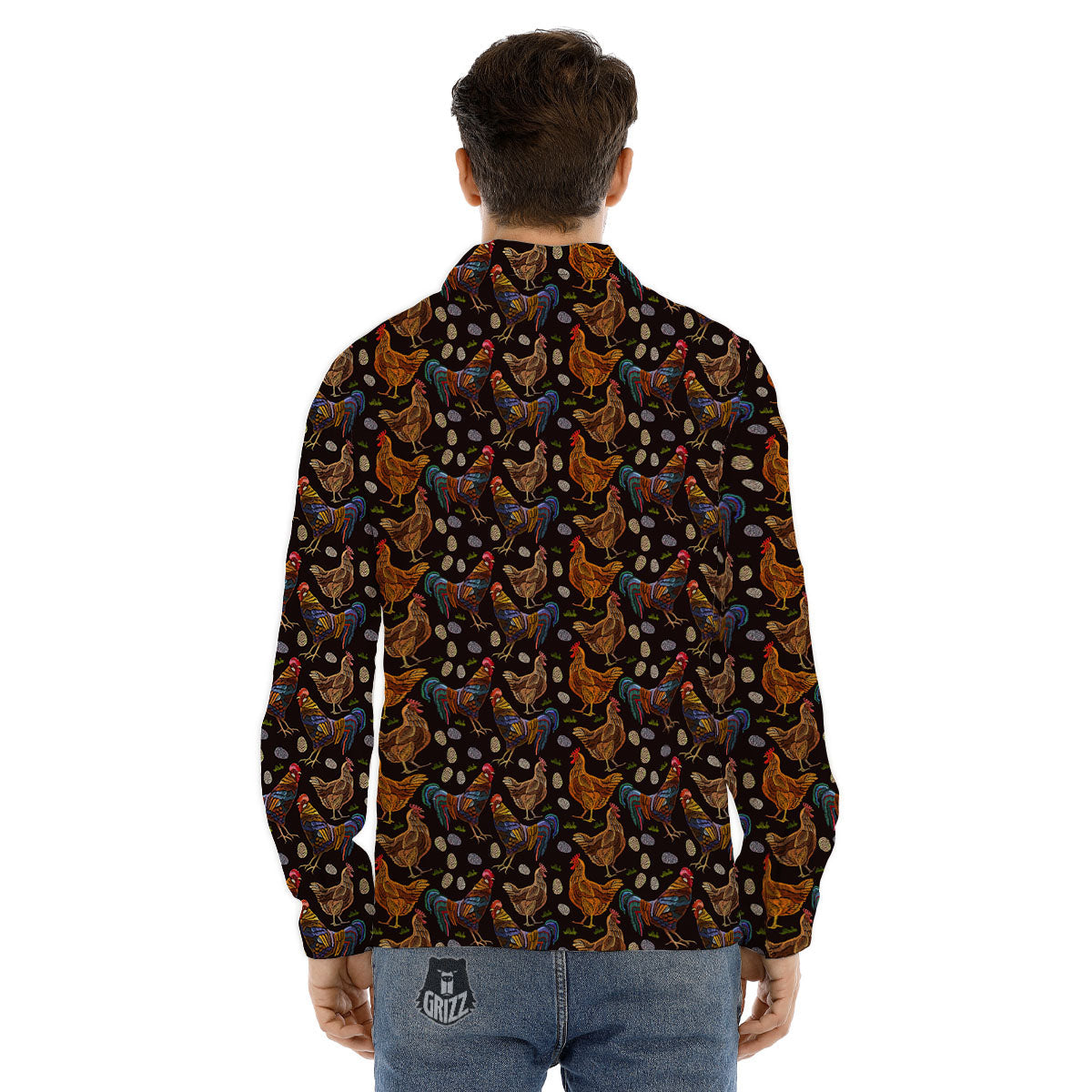 Rooster Embroidery Print Pattern Men's Dress Shirts-grizzshop