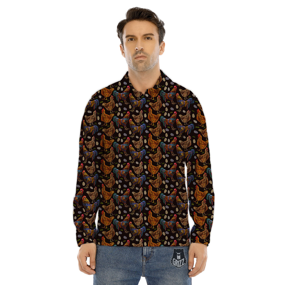Rooster Embroidery Print Pattern Men's Dress Shirts-grizzshop
