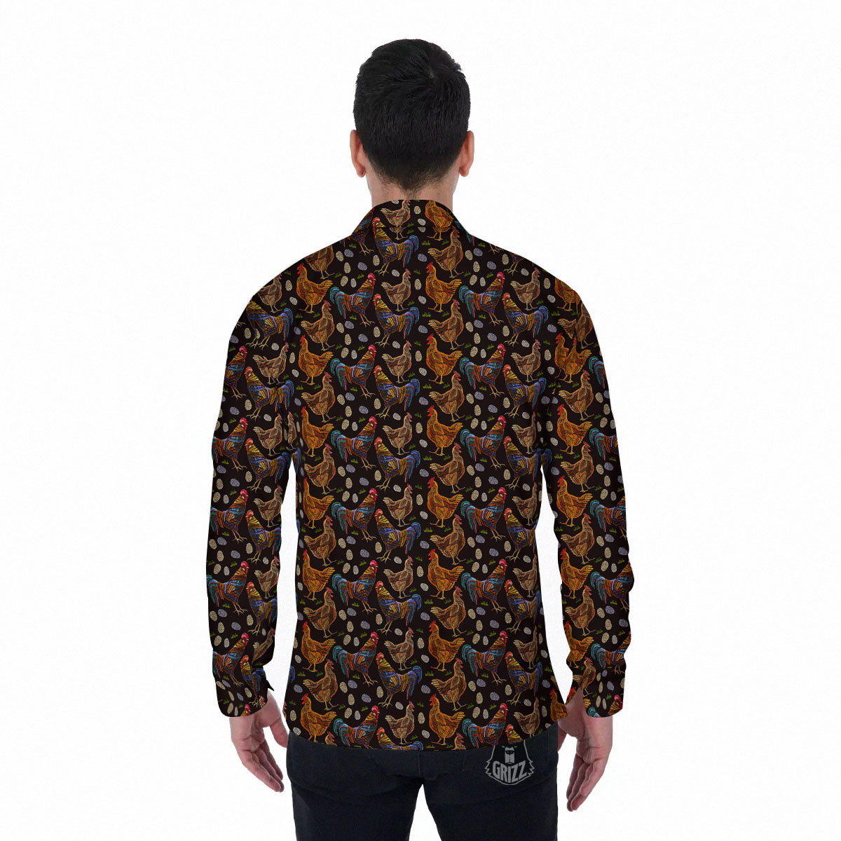 Rooster Embroidery Print Pattern Men's Long Sleeve Shirts-grizzshop