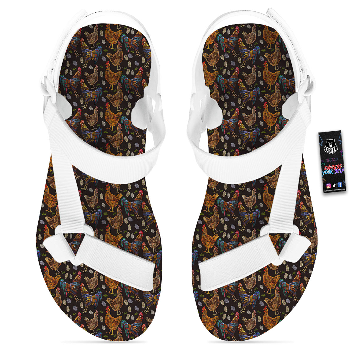 Rooster Embroidery Print Pattern White Open Toe Sandals-grizzshop
