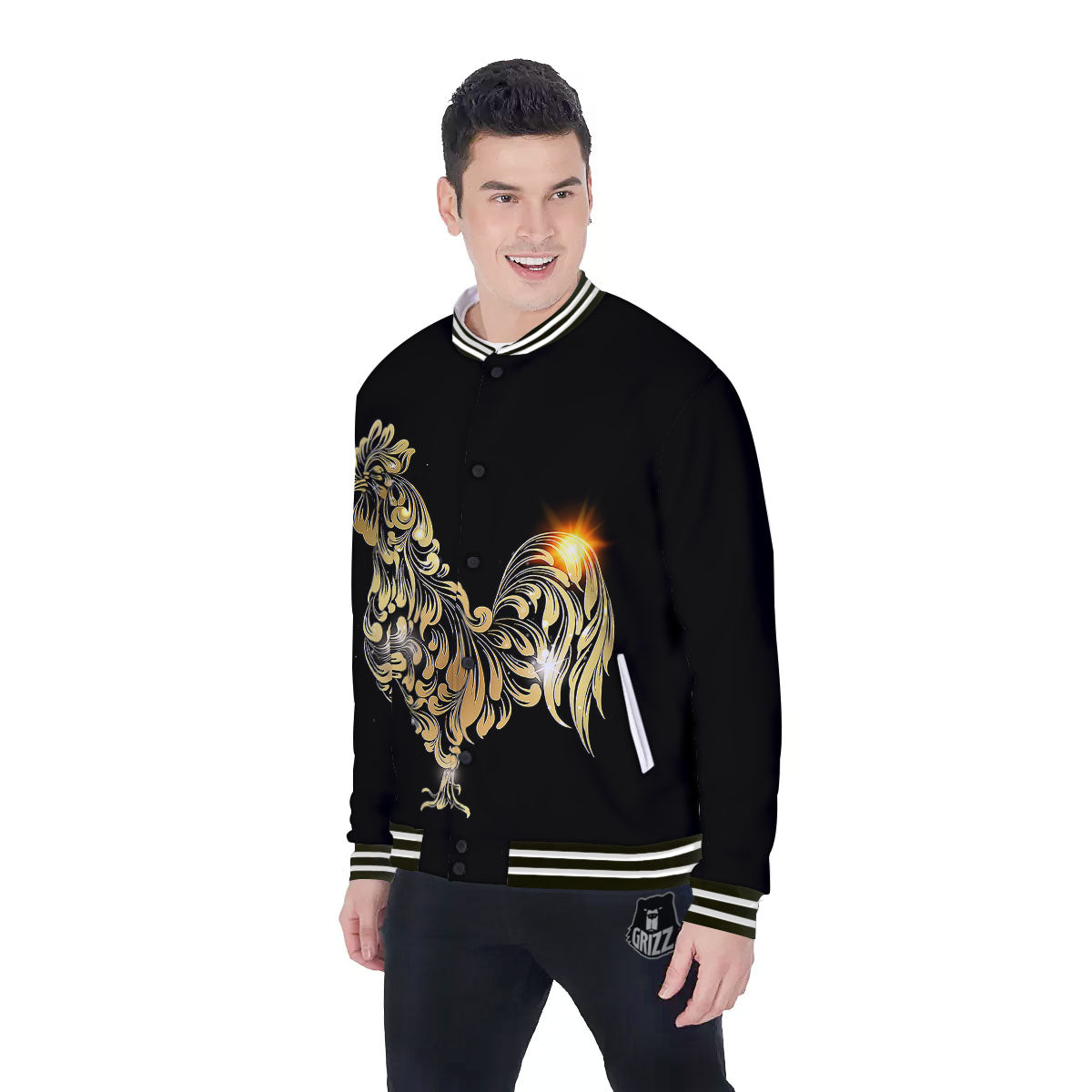 Rooster Golden Print Baseball Jacket-grizzshop