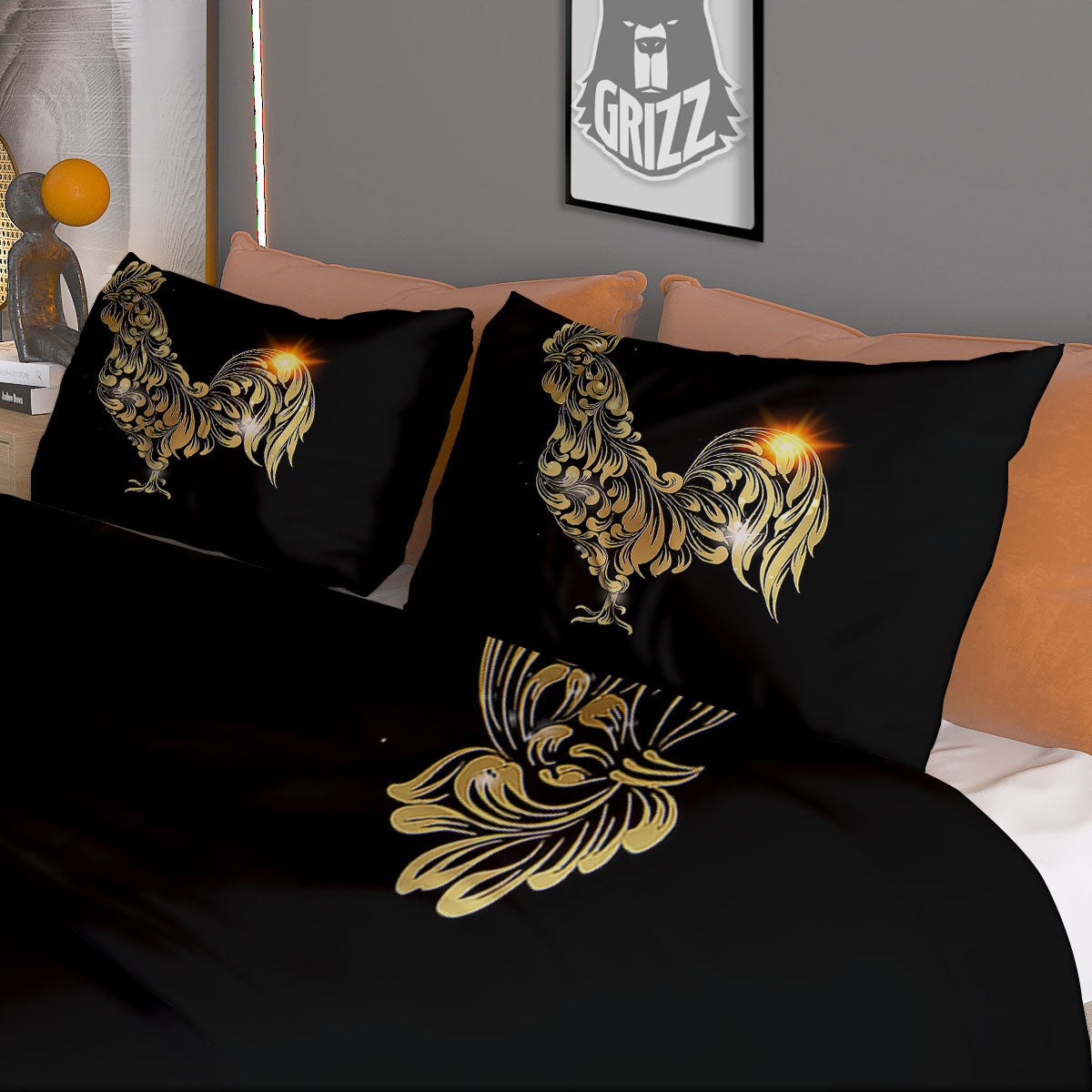 Rooster Golden Print Duvet Cover Bedding Set