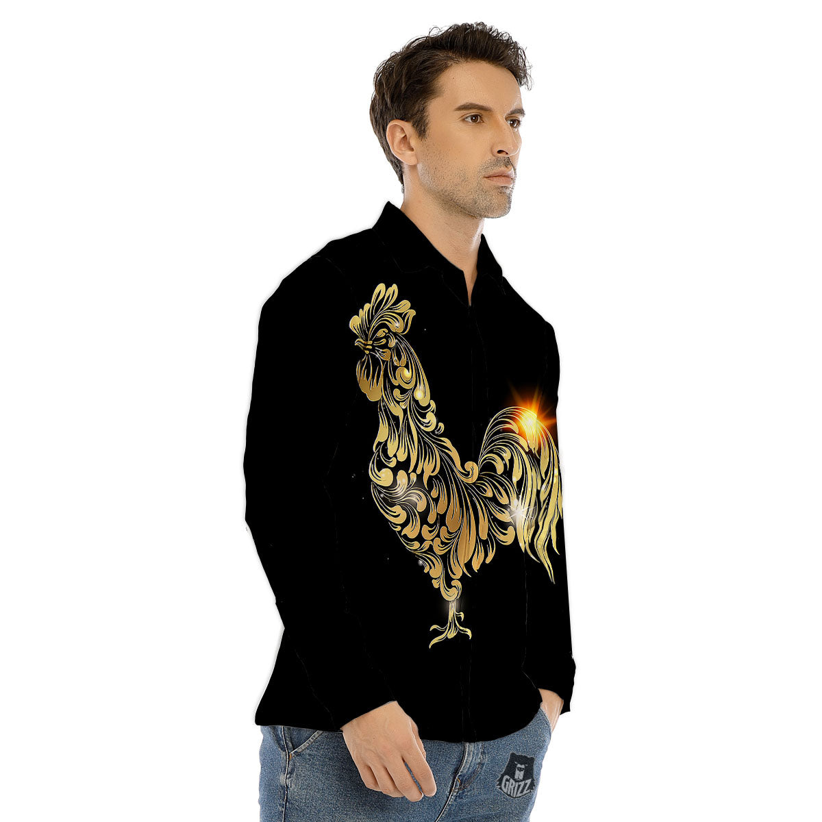 Rooster Golden Print Men's Dress Shirts-grizzshop