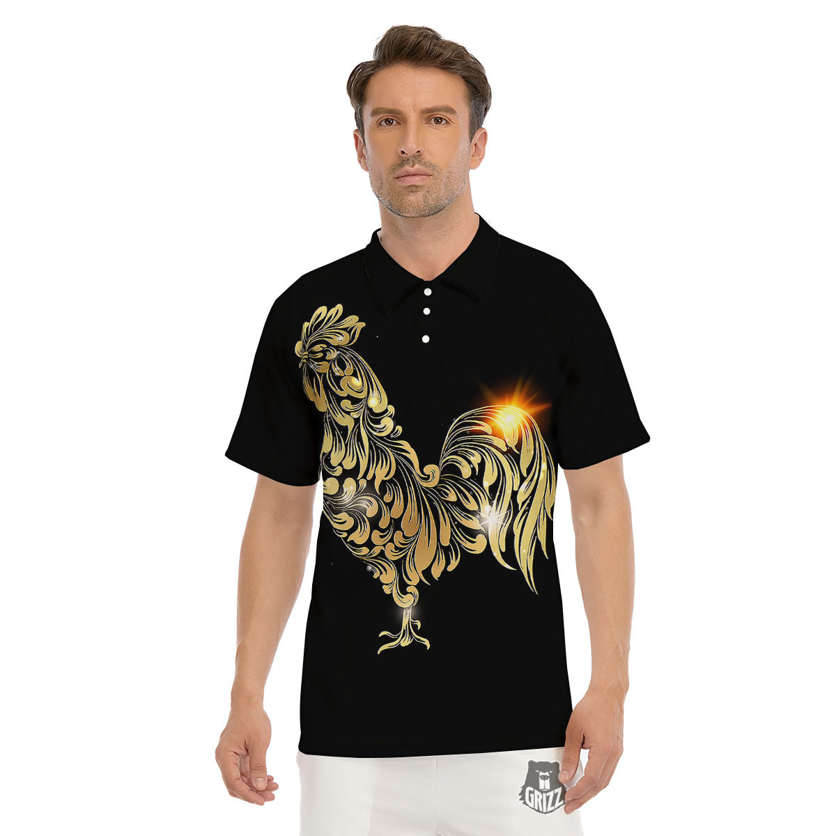 Rooster Golden Print Men's Golf Shirts-grizzshop
