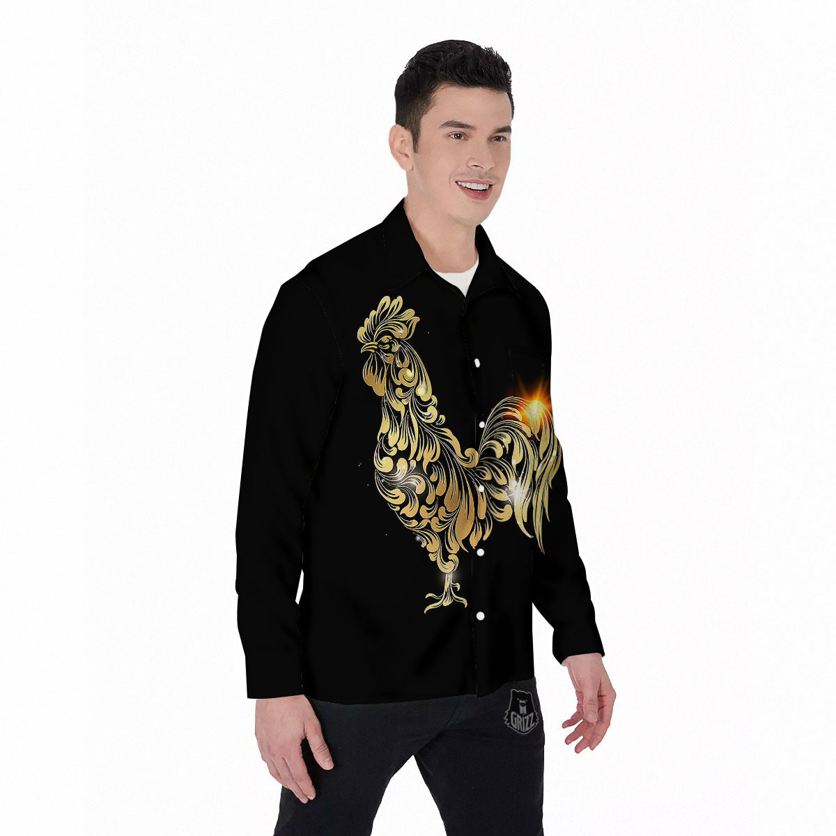 Rooster Golden Print Men's Long Sleeve Shirts-grizzshop