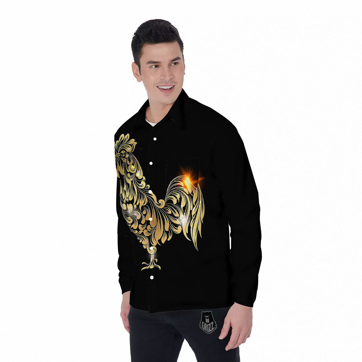 Rooster Golden Print Men's Long Sleeve Shirts-grizzshop