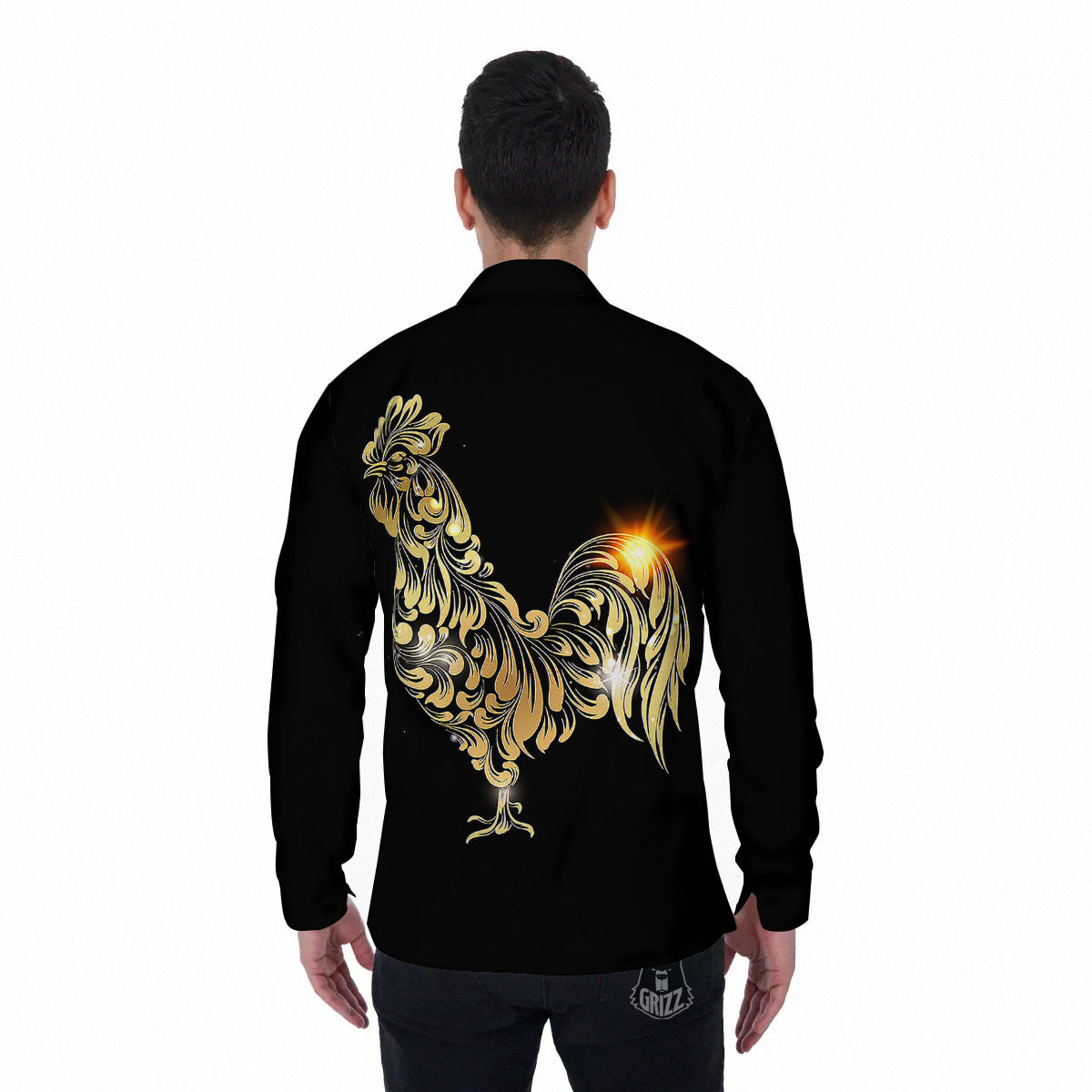 Rooster Golden Print Men's Long Sleeve Shirts-grizzshop