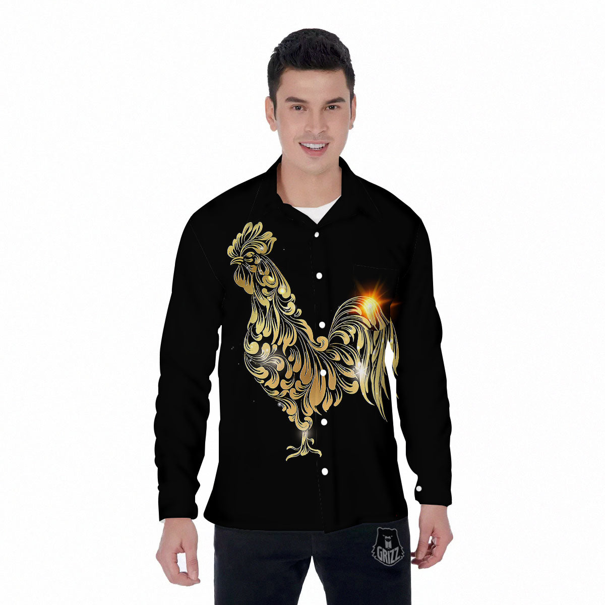 Rooster Golden Print Men's Long Sleeve Shirts-grizzshop