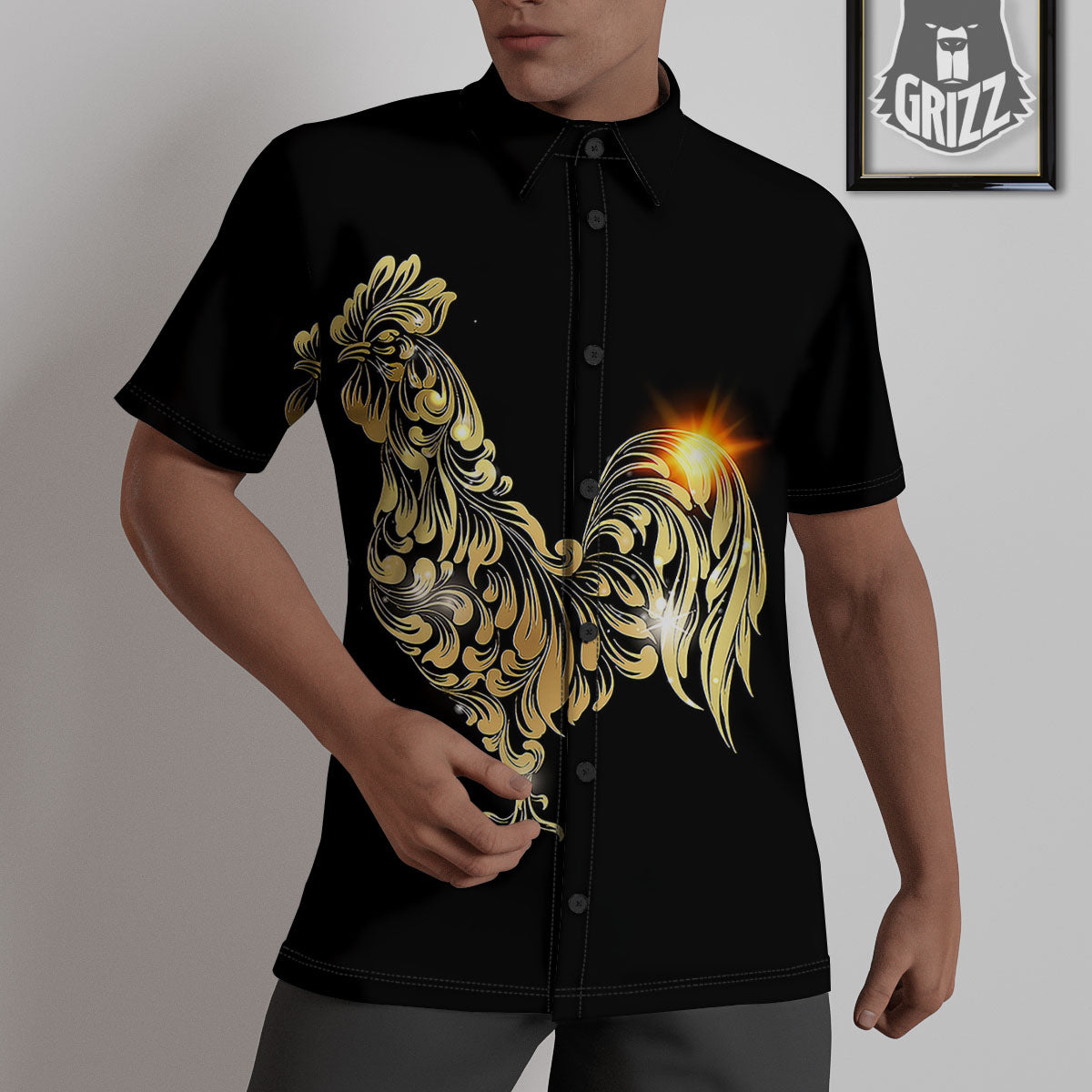 Rooster Golden Print Untucked Shirts-grizzshop