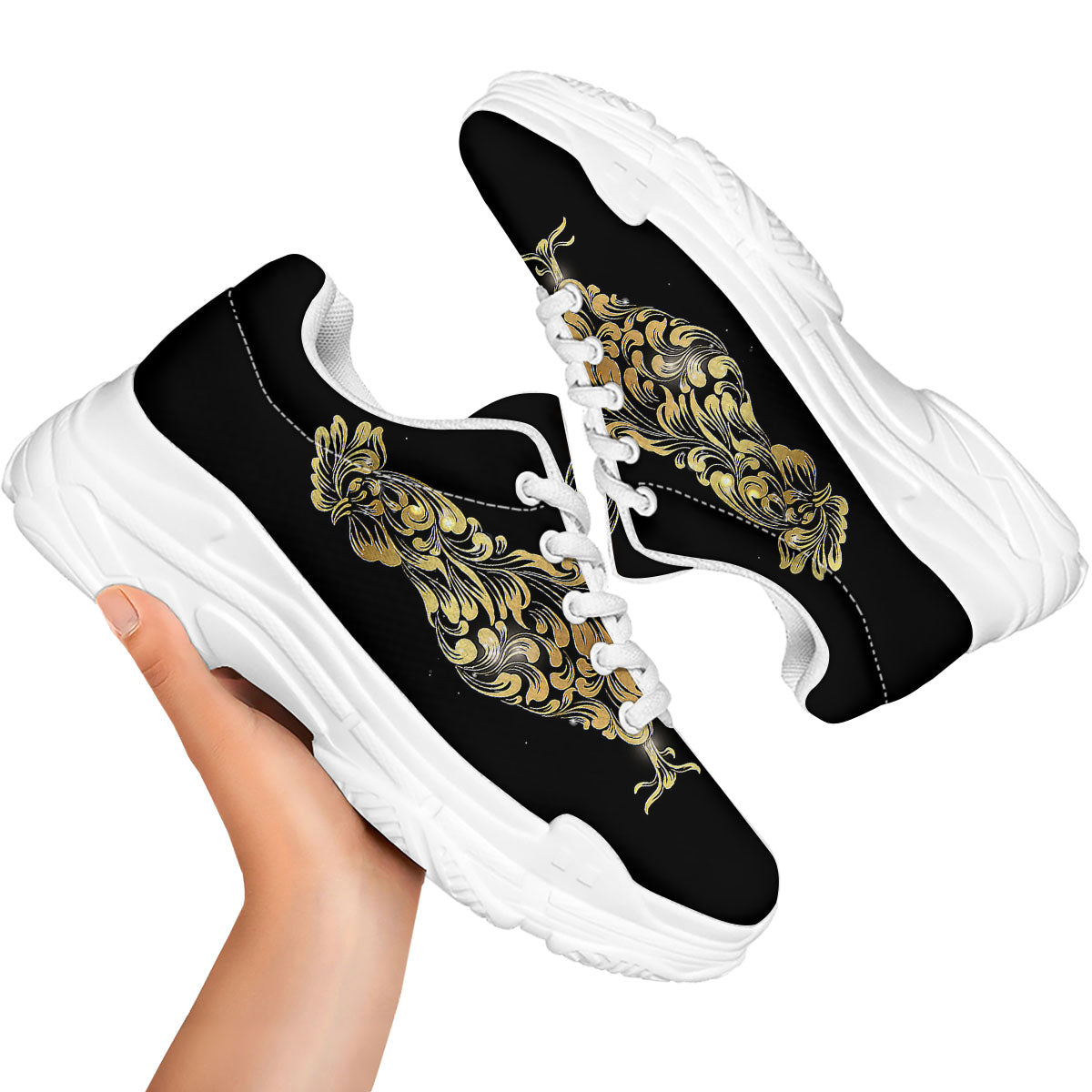 Rooster Golden Print White Chunky Shoes-grizzshop
