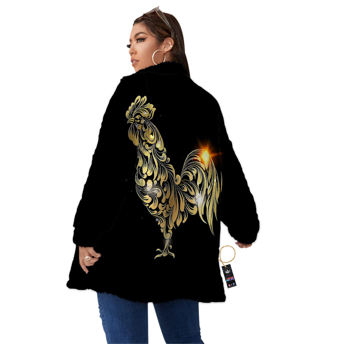 Rooster Golden Print Women's Sherpa Jacket-grizzshop