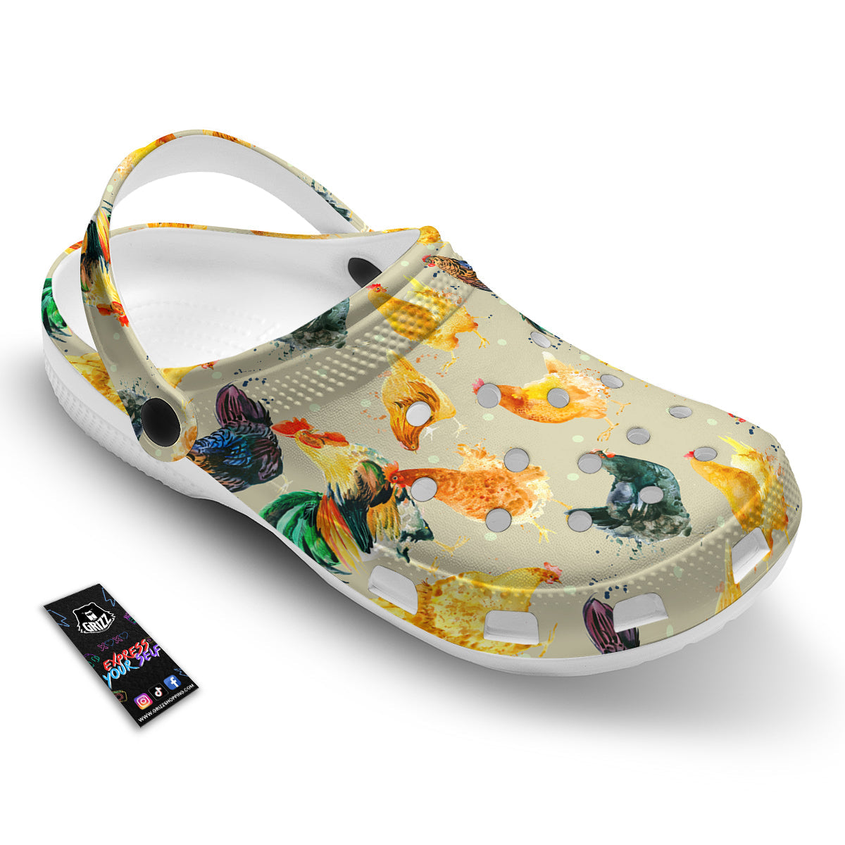Rooster Watercolor Print Pattern Clog-grizzshop