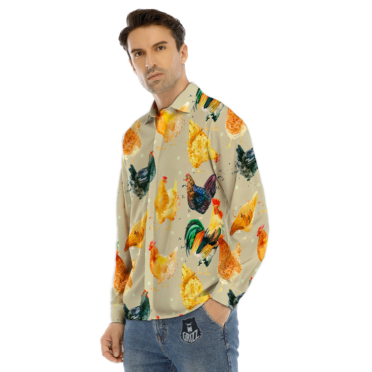 Rooster Watercolor Print Pattern Men's Dress Shirts-grizzshop