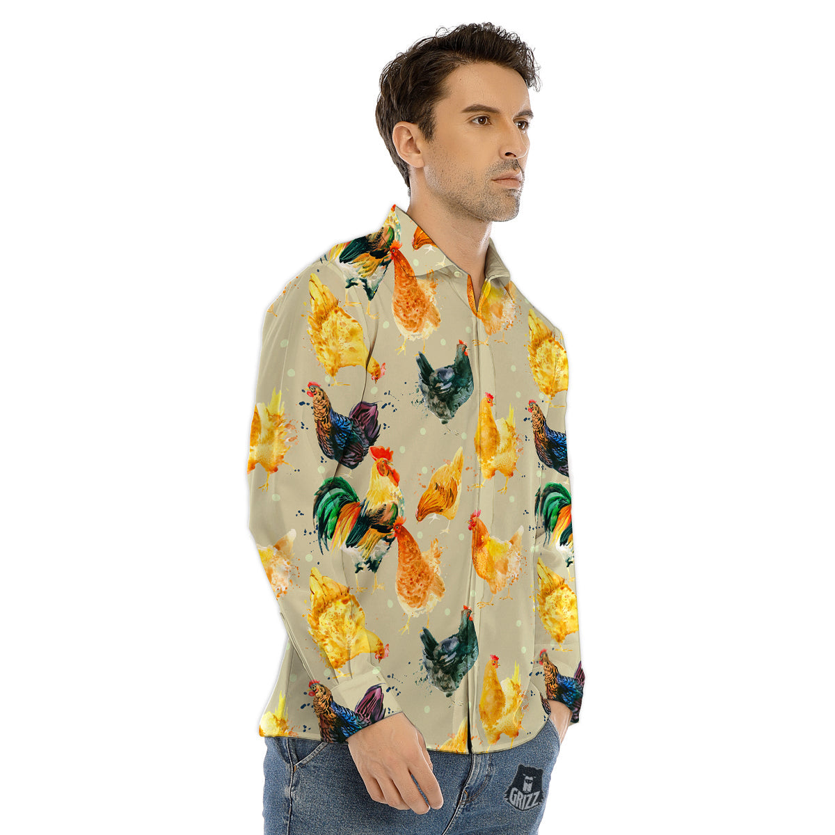 Rooster Watercolor Print Pattern Men's Dress Shirts-grizzshop