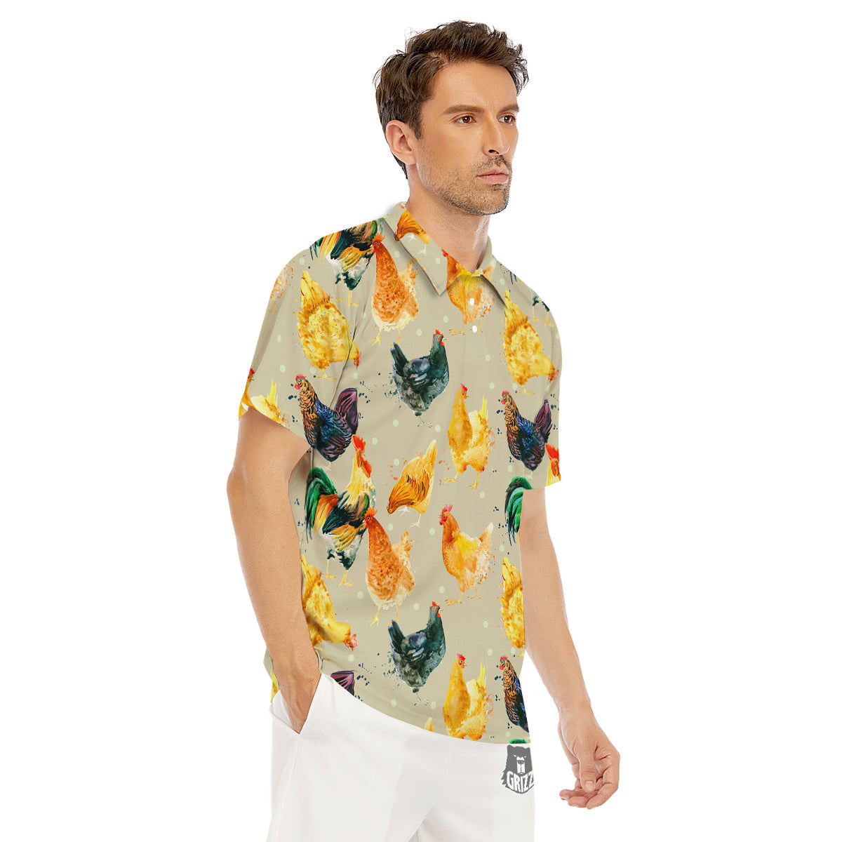 Rooster Watercolor Print Pattern Men's Golf Shirts-grizzshop