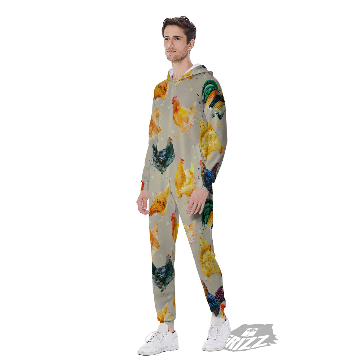 Rooster Watercolor Print Pattern Men's Jumpsuit-grizzshop