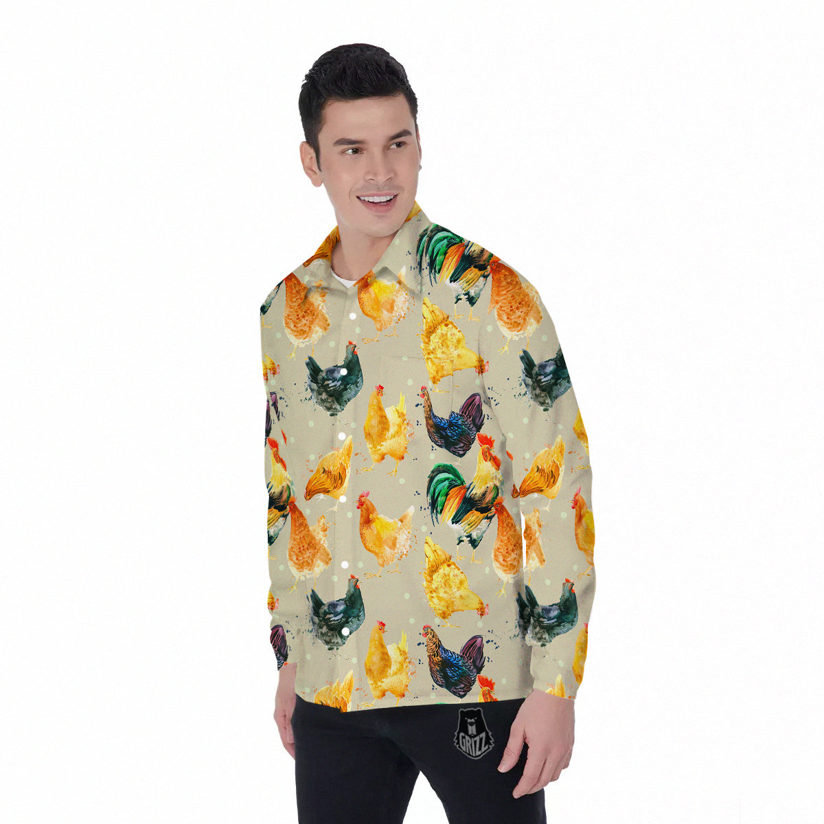 Rooster Watercolor Print Pattern Men's Long Sleeve Shirts-grizzshop