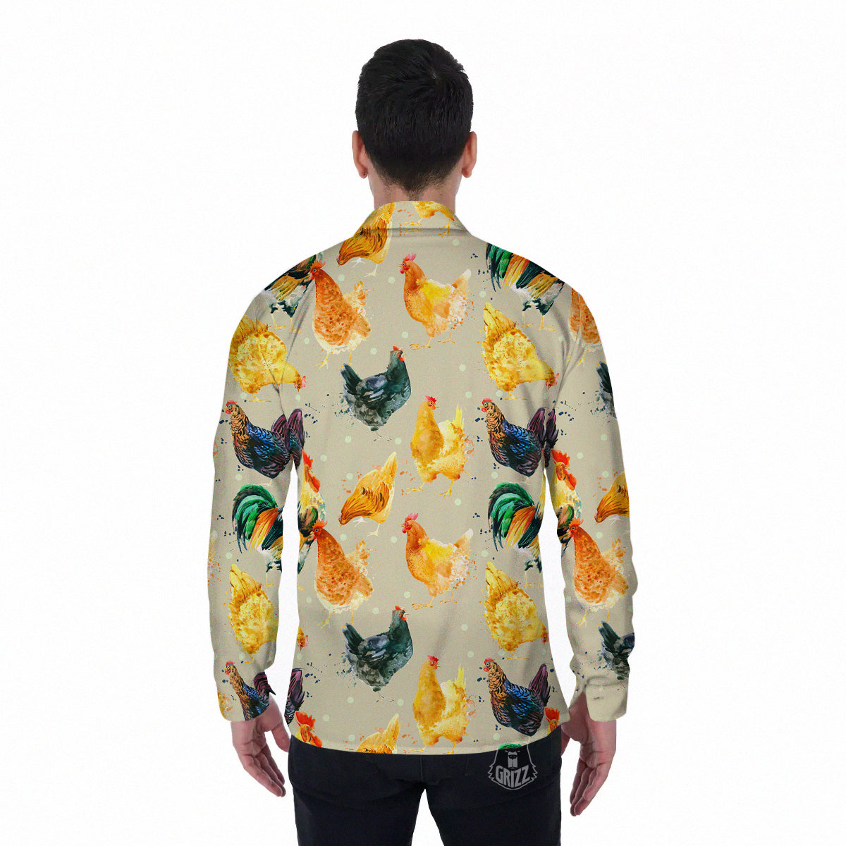 Rooster Watercolor Print Pattern Men's Long Sleeve Shirts-grizzshop
