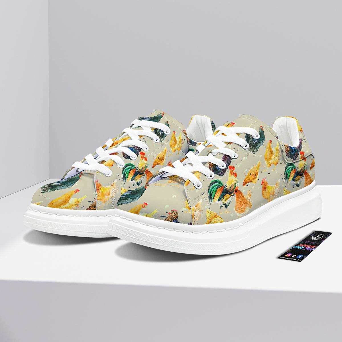 Rooster Watercolor Print Pattern Platform Shoes-grizzshop