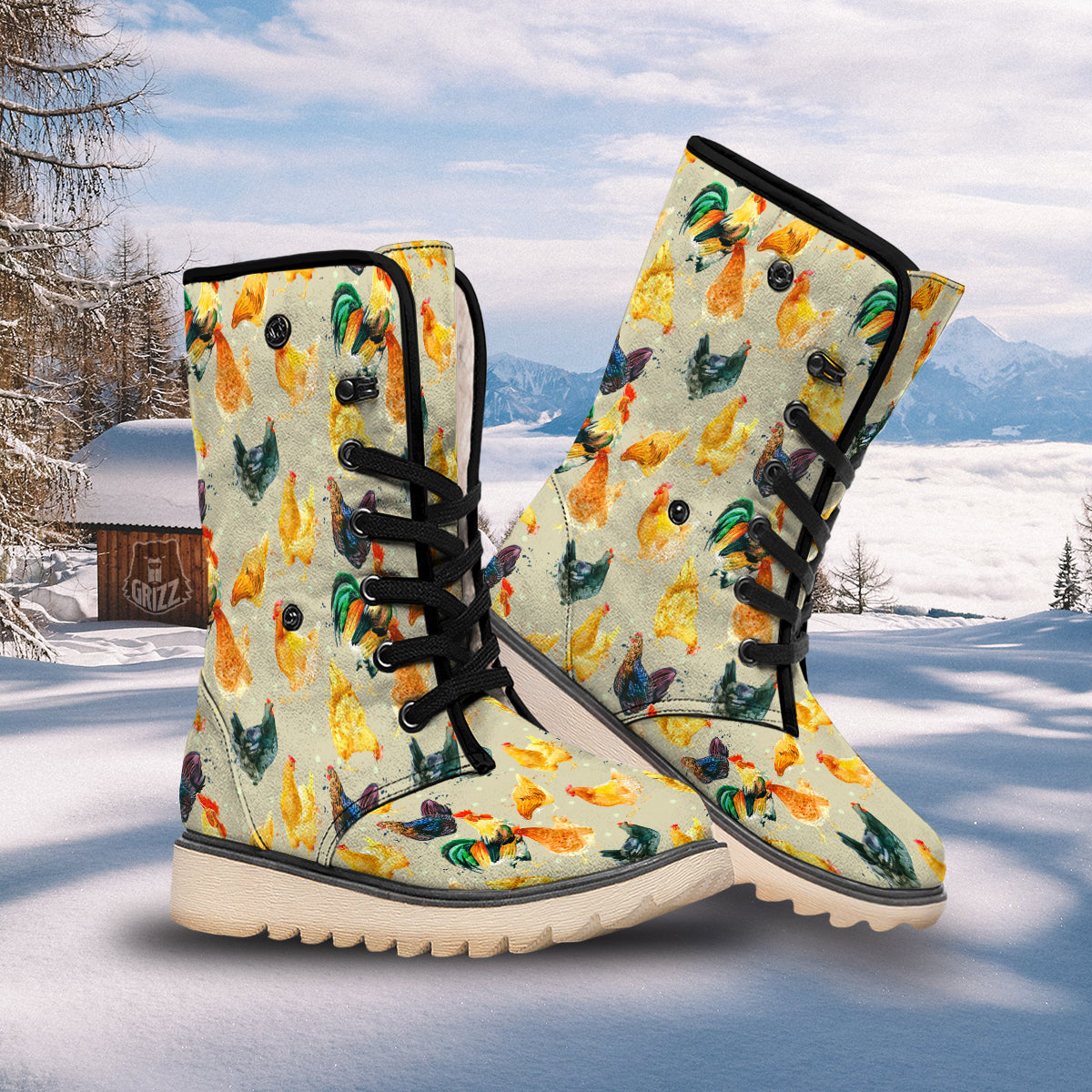 Rooster Watercolor Print Pattern Snow Boots-grizzshop